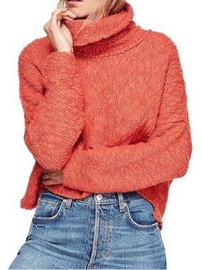 Free People Big Easy Cowl Neck Sweater Small Oversized Burnt Orange Fall EUC